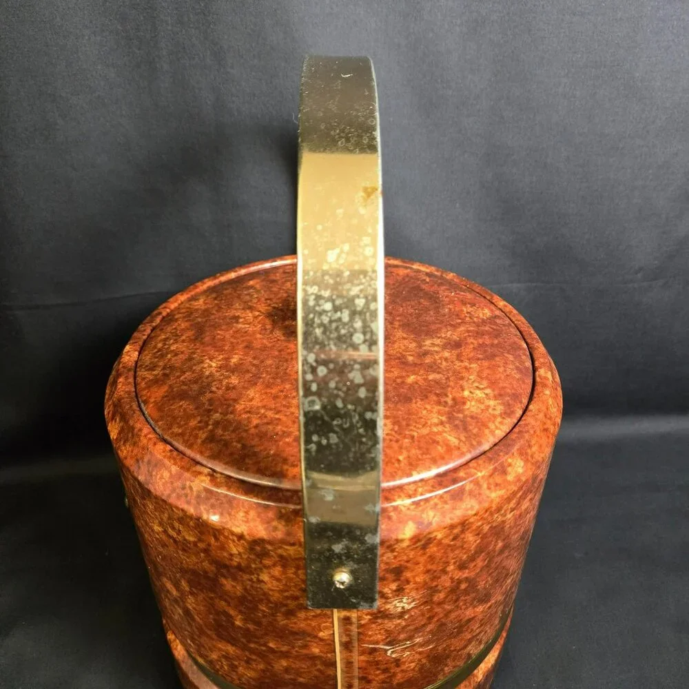 Vintage MCM Faux Burl Wood Ice Bucket w Brass Handle Lid & Tongs Retro Barware